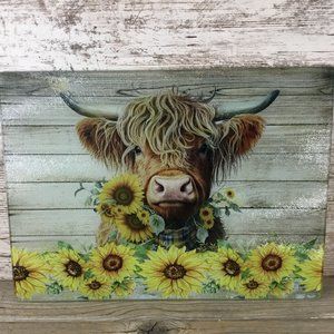 Highland Cow Rustic Sunflower Glass Cutting Board